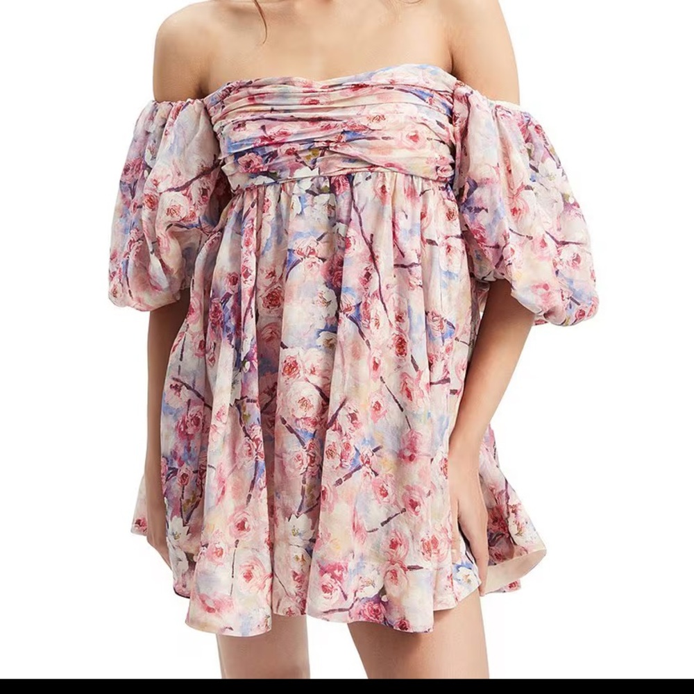 Bardot floral print off shoulder short puff sleeve empire waist mini dress